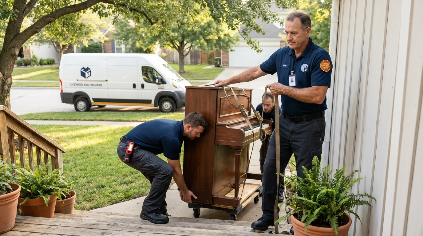 Licensed piano movers securing grand piano in Kingston, MA