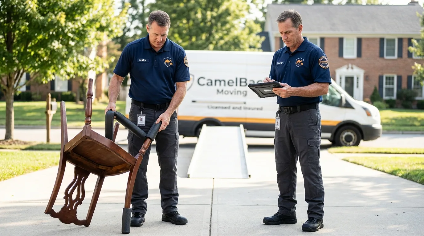 Movers inspecting furniture for damage prevention before loading in Kingston, MA