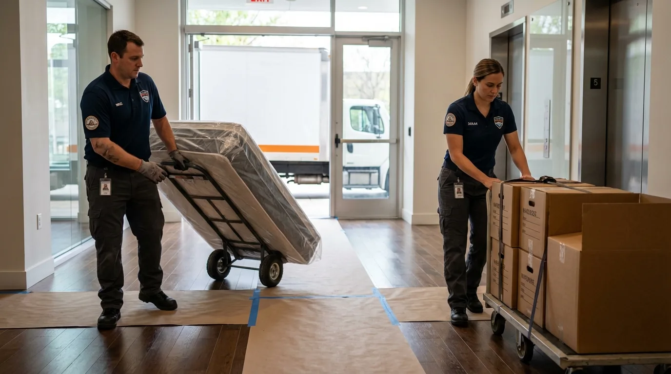 Professional apartment movers loading elevator in Kingston, MA