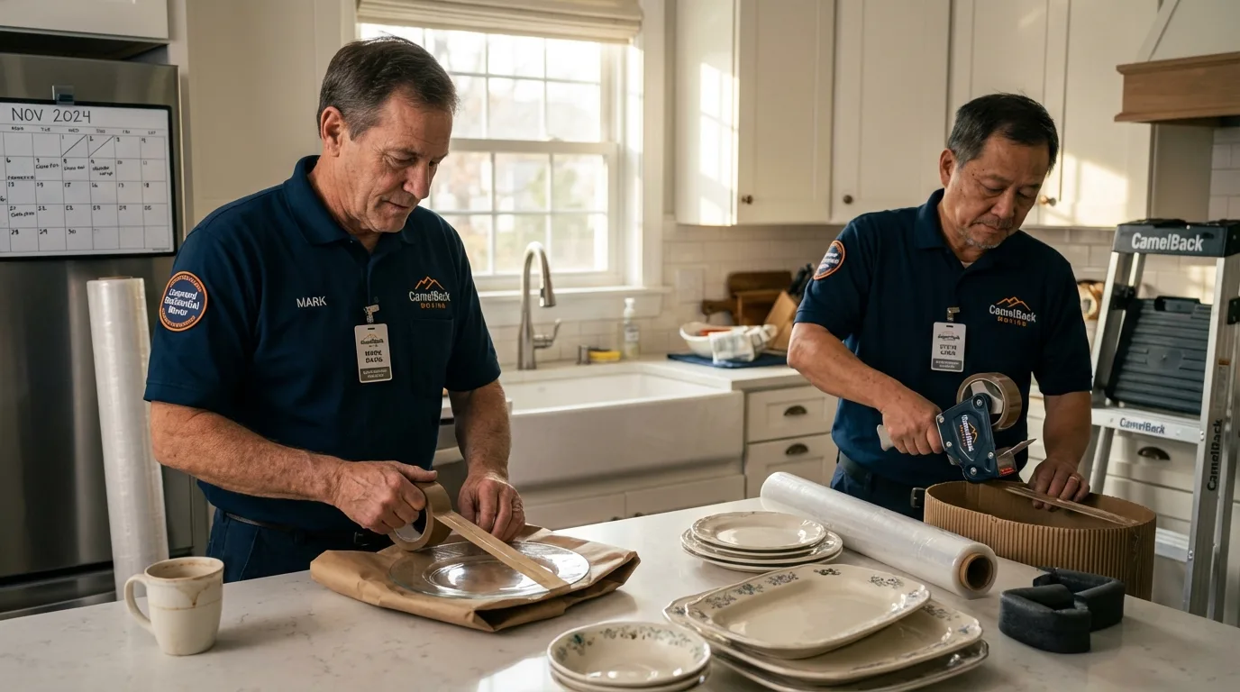 Professional crew packing kitchen dishware in Kingston, MA